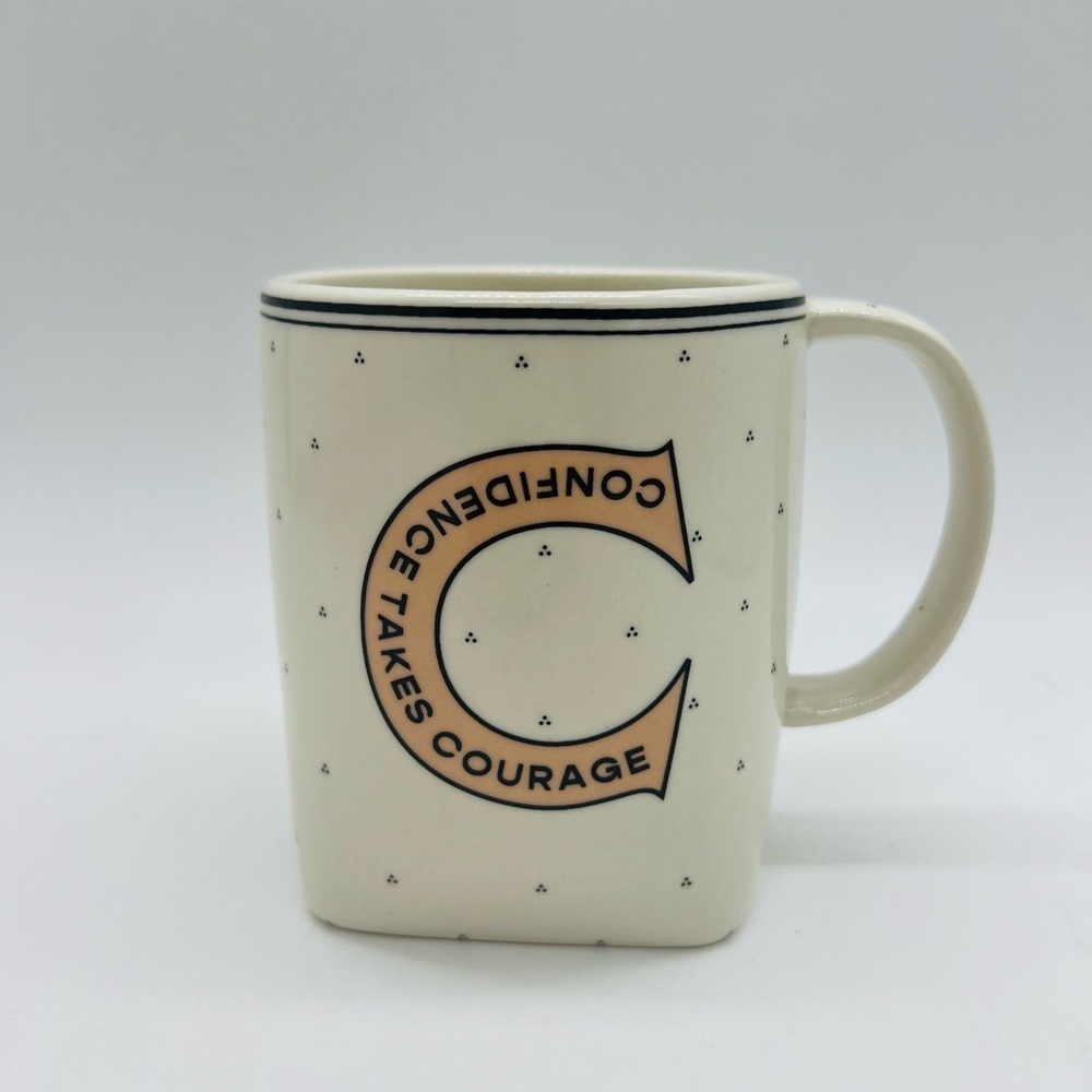 Anthropologie Cream Square Ceramic Mug with C For Confidence & Courage Logo